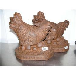 Pair of cast iron chicken with eggs door stops- 13" H, 15" W (100)