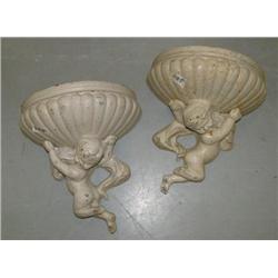Pair of white painted cast iron cherub wall flower pots- 15-1/2" H, 14-1/2" W (100)