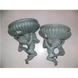 Pair of green painted cast iron cherub wall flower pots- 22-3/4" H, 18-3/4" W (100)