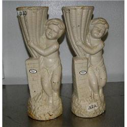 Pair of white cast iron child holding vase- 16" tall (100)