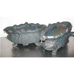 Pair of green oval cast iron flower pots- 8-1/2" H, 9" D, 21" W (100)