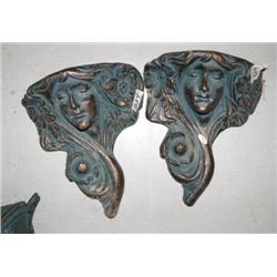 Pair of green wall cast iron flower pots with woman's faces- 12-1/2" H, 10-1/4" W (100)