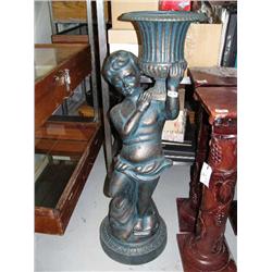 Large green young child holding a flower vase cast iron- 52" tall (100)