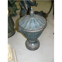 Green cast iron pot with faces and lid- 23" H, 12" diameter (100)