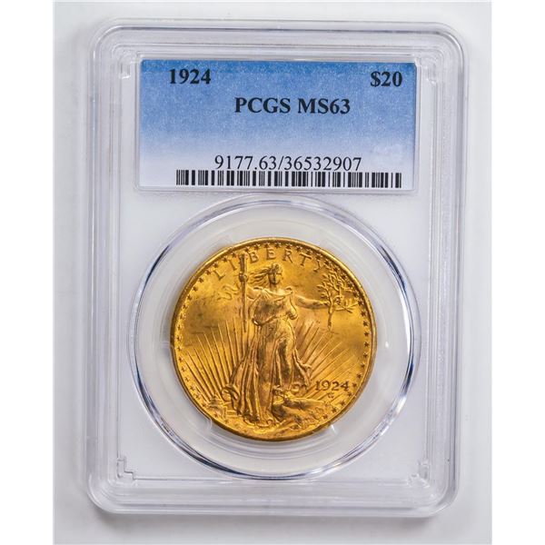 1924 $20 Double Eagle Gold Coin PCGS MS63