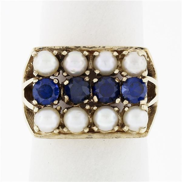 Vintage 14k Yellow Gold Pearl & Blue Stone Open 3 Row Prong Wide Statement Ring