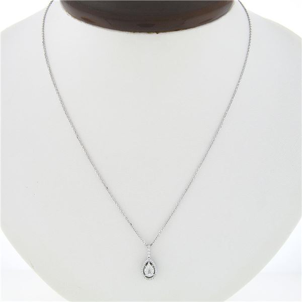 14K White Gold Diamond Tear Drop Pear Solitaire Cluster Petite Pendant Necklace