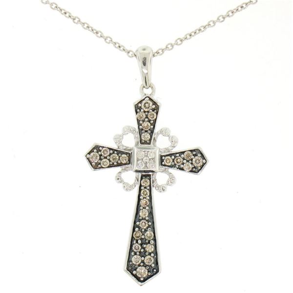 14k White Gold .70 ctw Fancy Brown Diamonds on Black Cross Pendant w/ 18" Chain
