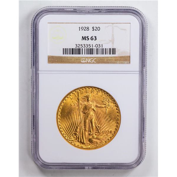 1928 $20 Double Eagle Gold Coin NGC MS63