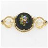 Image 3 : Vintage 14k Yellow Gold Black Onyx Floral Mosaic Sapphire and Pearl Brooch Pin