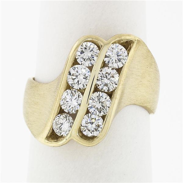 Vintage Unisex 18k Gold VVS E 1.36 ctw Ideal Cut Diamond Dual Row Brushed Ring