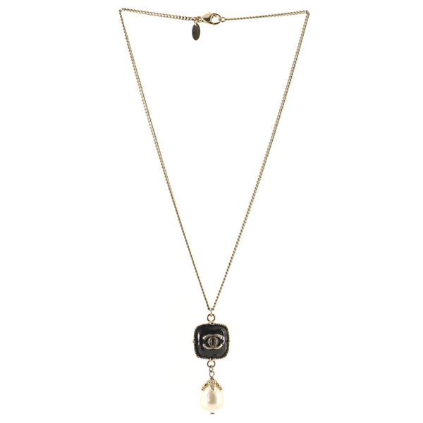 Chanel Gold-tone Metal with Enamel and Faux Pearl Drop CC Pendant Necklace