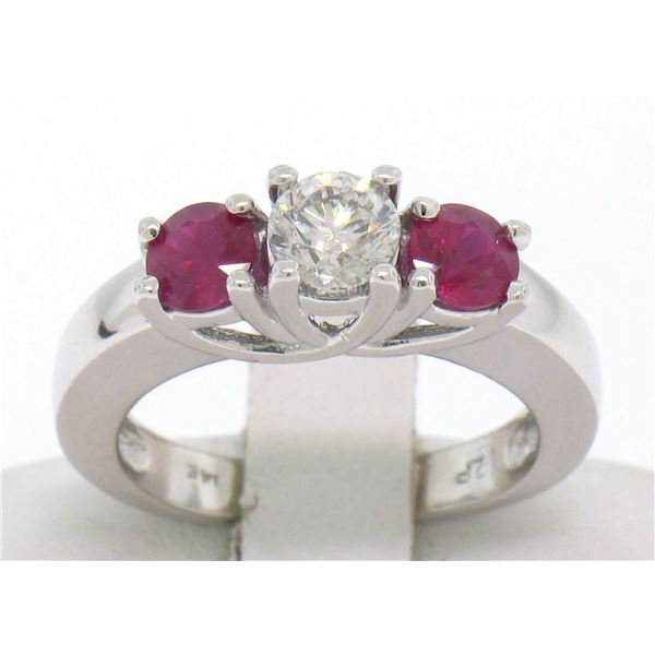14k White Gold 3 Stone Engagement Ring w/ Ctr Round Diamond & 2 Blood Red Rubies