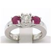 Image 1 : 14k White Gold 3 Stone Engagement Ring w/ Ctr Round Diamond & 2 Blood Red Rubies