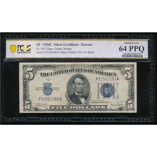 1934C $5 Silver Certificate PCGS 64PPQ