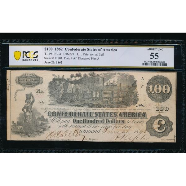 1862 $100 T-39 Confederate PCGS 55