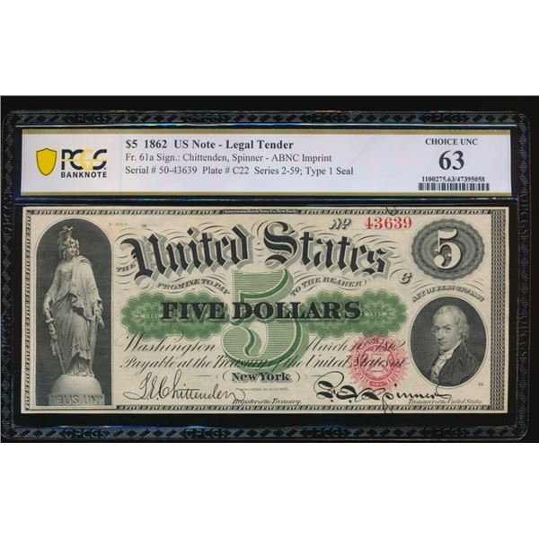 1862 $5 Legal Tender Note PCGS 63