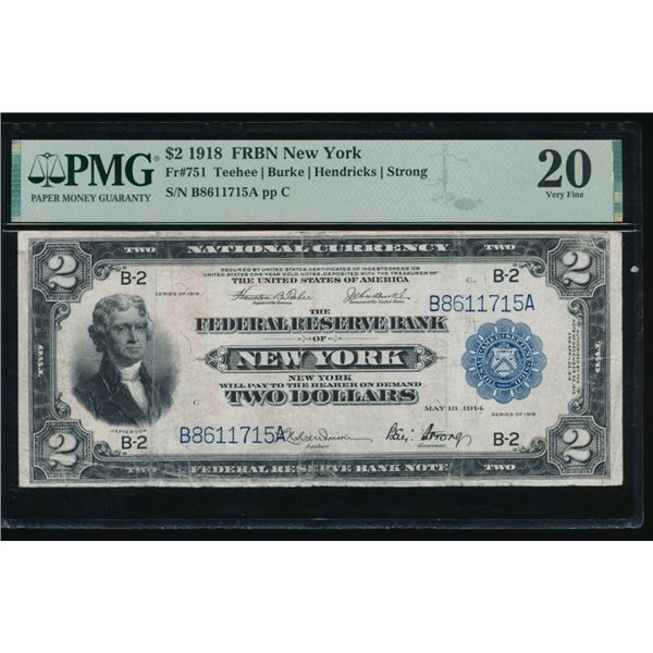1918 $2 New York FRBN PMG 20
