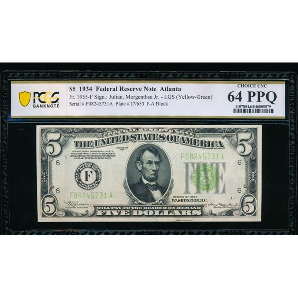 1934 $5 Atlanta FRN PCGS 64PPQ