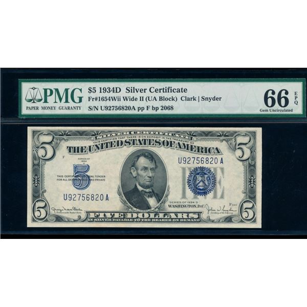 1934D $5 Silver Certificate PMG 66EPQ