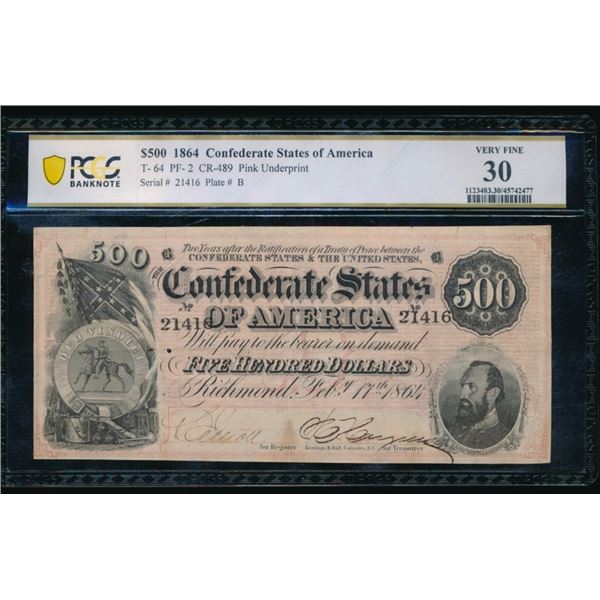 1864 $500 T-64 Confederate PMG 30