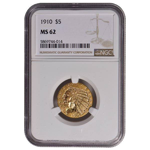1910 $5 Indian Head Half Eagle Gold Coin NGC MS62