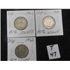 Image 1 : Three; Canadian 80% silver 25 cent pieces, 1960, 1961 and 1962; 1961 and 1962 seem