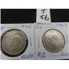 Image 1 : Two; Canadian 1942 and 1949 Canadian 50 cent pieces, 80% silver, circulated, ungraded.