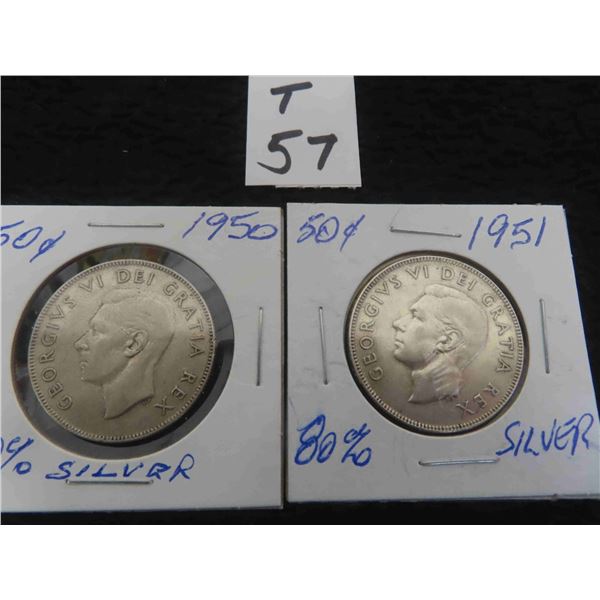 Two; Canadian 1950 and 1951 Canadian 50 cent pieces, 80% silver, circulated, ungraded.