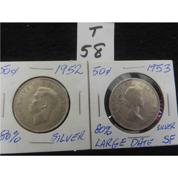 Two; Canadian 1952 and 1953 (large date SF) Canadian 50 cent pieces, 80% silver, circulated,