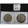 Image 1 : Two; Canadian 1954 and 1955 Canadian 50 cent pieces, 80% silver, circulated, ungraded.