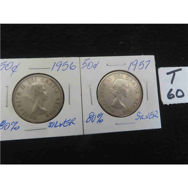 Two; Canadian 1956 and 1957 Canadian 50 cent pieces, 80% silver, circulated, ungraded.