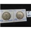 Image 1 : Two; Canadian 1956 and 1957 Canadian 50 cent pieces, 80% silver, circulated, ungraded.