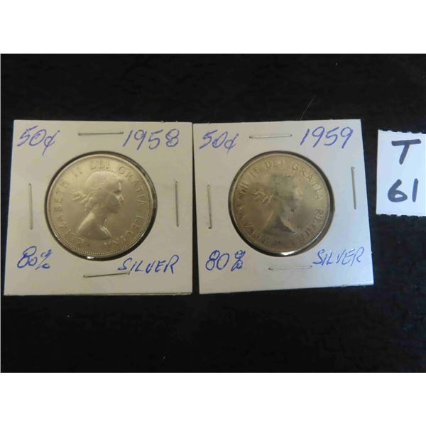 Two; Canadian 1958 and 1959 Canadian 50 cent pieces, 80% silver, circulated, ungraded.