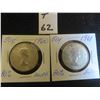 Image 1 : Two; Canadian 1960 and 1961 Canadian 50 cent pieces, 80% silver, circulated, ungraded.