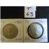 Image 1 : Two; Canadian 1962 and 1963 Canadian 50 cent pieces, 80% silver, circulated, ungraded.