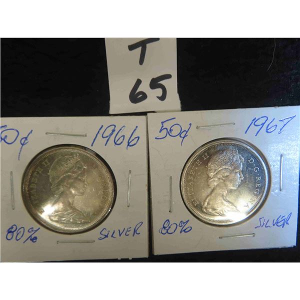 Two; Canadian 1966 and 1967 (both coins in nice shape) Canadian 50 cent pieces, 80% silver