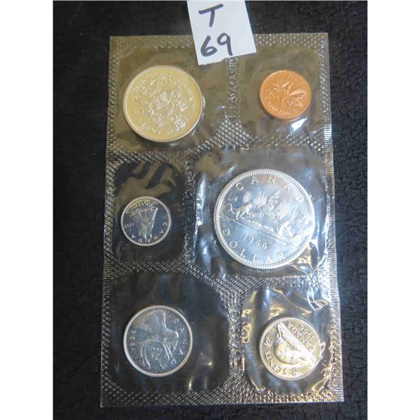  One Set of 1966 Canadian coin set, BU-PL 80% silver, sealed in original RCM cellophane, 