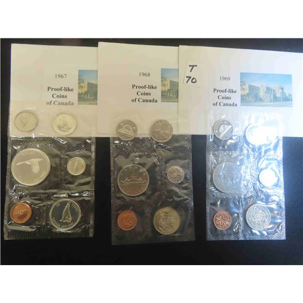 Three Sets; 1967 (80% silver), 1968 (50 or 80% silver), 1969 (Not Silver); Canadian coin sets 