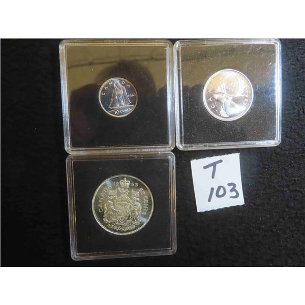 Three 1963 Canadian coins, 80% silver, one 50 cent, 25 cent and 10 cent pieces, each sealed