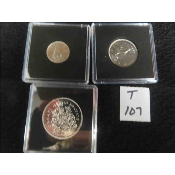 Three 1965 Canadian coins, 80% silver, 50 cent, 25 cent and 10 cent pieces, each sealed