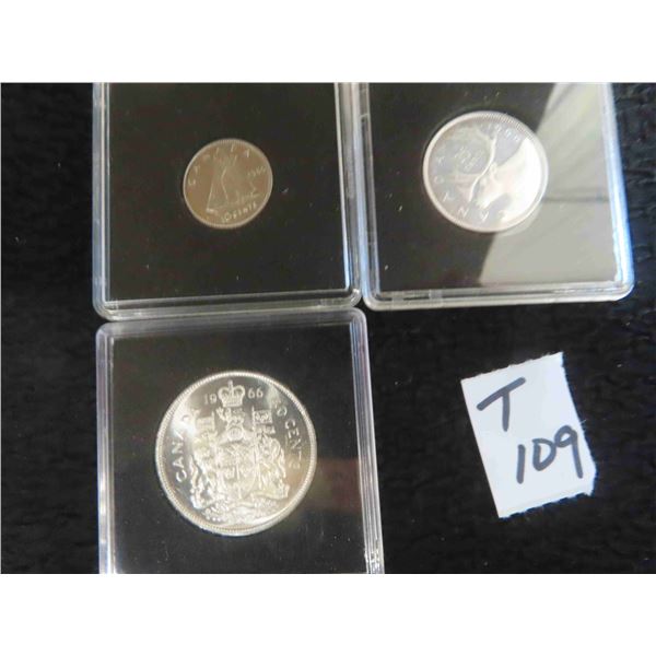 Three 1966 Canadian coins, 80% silver, 50 cent, 25 cent and 10 cent pieces, each sealed