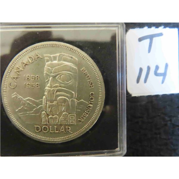 One 1958 Canadian dollar coin 80% silver, uncirculated, nice even toning, higher grade coin, 