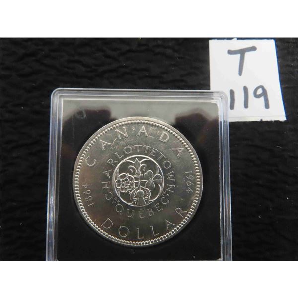 One 1964 Canadian dollar coin 80% silver, uncirculated, Very High Grade, DOT, minor coin clash 