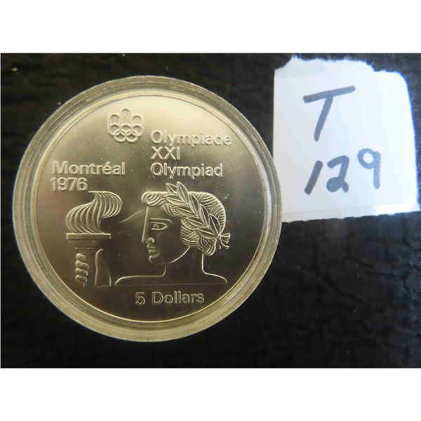 One 1976 $5 Montreal Olympic Silver bullion coin, (Olympic torch) ( 0.723  troy ounces