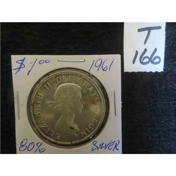 One 1961 Canadian 80% silver dollar coin, circulated, ungraded