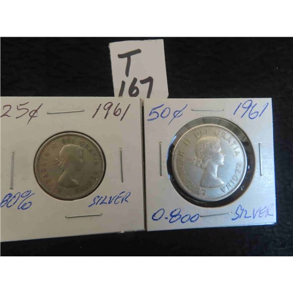 Two 1961 Canadian 80% silver coins, one 50 cent, and one 25 cent coin, circulated, ungraded.