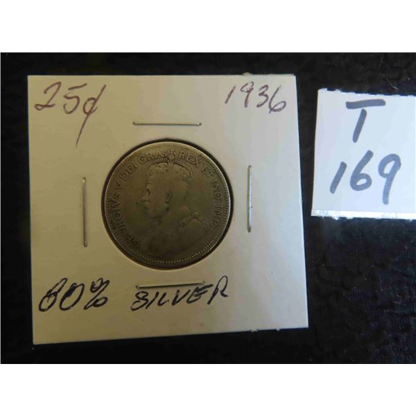 One 1936 Canadian 80% silver 25 cent coin, circulated, ungraded.