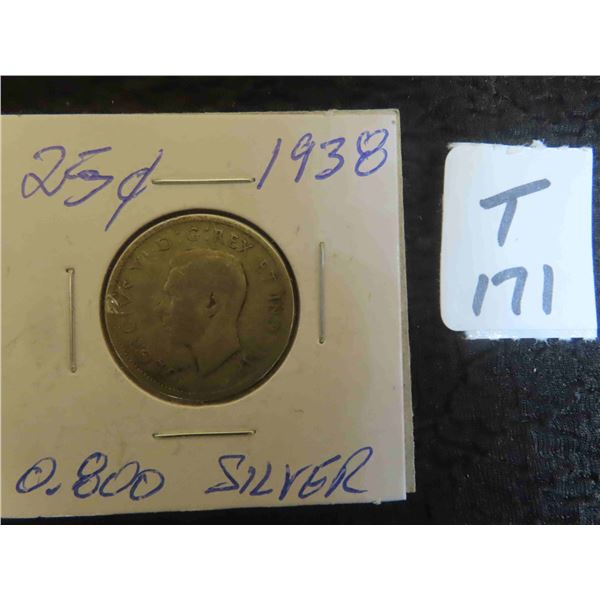 One 1938 Canadian 80% silver 25 cent coin, circulated, ungraded.