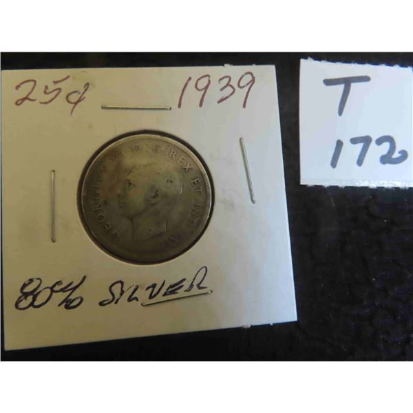 One 1939 Canadian 80% silver 25 cent coin, circulated, ungraded.